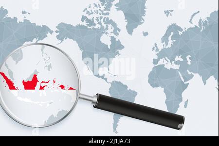 Enlarged map of Indonesia on America centered World Map. Magnified map and flag of Indonesia. Vector template. Stock Vector