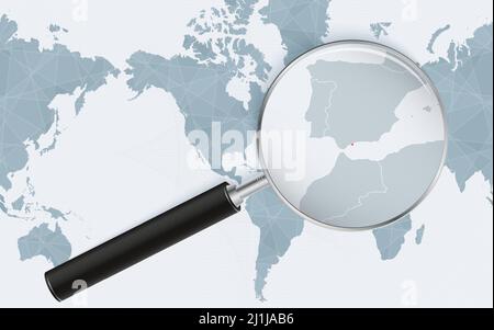 Enlarged map of Gibraltar on America centered World Map. Magnified map and flag of Gibraltar. Vector template. Stock Vector
