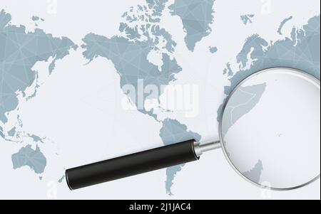 Enlarged map of Seychelles on America centered World Map. Magnified map and flag of Seychelles. Vector template. Stock Vector
