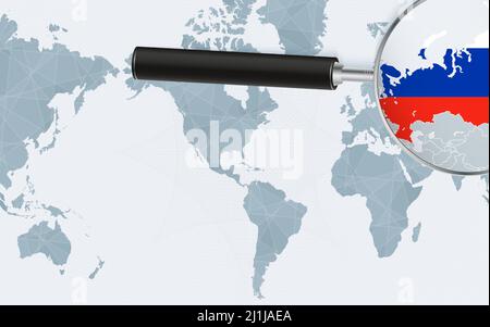 Enlarged map of Russia on America centered World Map. Magnified map and flag of Russia. Vector template. Stock Vector