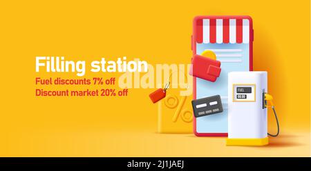 Web banner with 3d illustration of a smartphone application for gas station with payment options Stock Vector