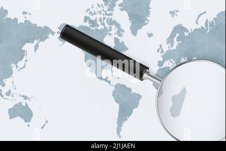 Enlarged map of Mauritius on America centered World Map. Magnified map and flag of Mauritius. Vector template. Stock Vector
