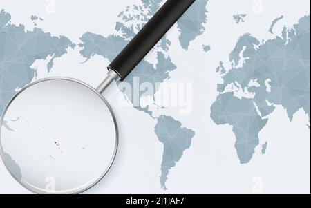 Enlarged map of Vanuatu on America centered World Map. Magnified map and flag of Vanuatu. Vector template. Stock Vector