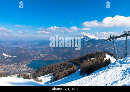 Panorama view of the mountains ski area. View from the viewing platform on the Zwölferhorn mountain in St. Gilgen, Salzkammergut Upper Austria Stock Photo