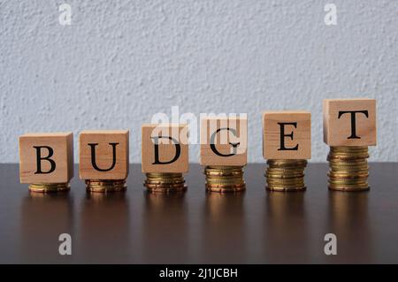 Coins Stack with Budget text on wooden blocks - Business and Financial Concept Stock Photo