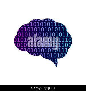 Binary brain color icon. Artificial intelligence concept. Machine learning and big data. Zero and one numbers inside brain shape. Cyber mind. Vector Stock Vector