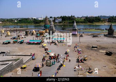 Pandharpur, India, 26 February 2022, Pundalik temple on bank of river chandrabhaga at Pandharpur, Maharashtra, India. Stock Photo