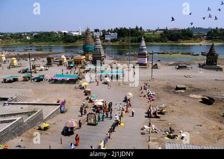 Pandharpur, India, 26 February 2022, Pundalik temple on bank of river chandrabhaga at Pandharpur, Maharashtra, India. Stock Photo