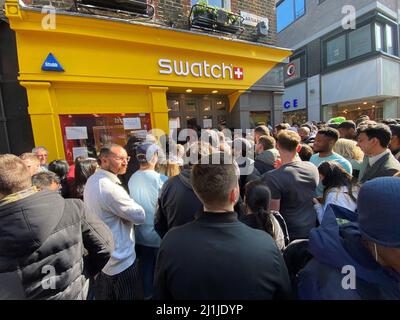 Customers in line overnight for the launch of the MoonSwatch at the Swatch store on Carnaby 