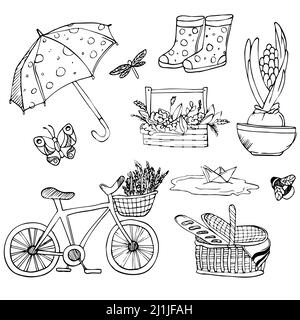 Spring doodles set drawn by hand. Vector spring concept - bicycle and flowers. First day of the spring. Stock Vector