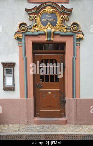 Door at the Wolfshöhle restaurant in Freiburg, Baden-Württemberg, Germany Stock Photo