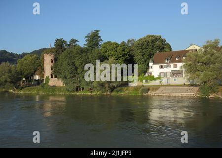 View from wooden bridge to Diebsturm on the Rhine in Bad Säckingen, Baden-Württemberg, Germany Stock Photo