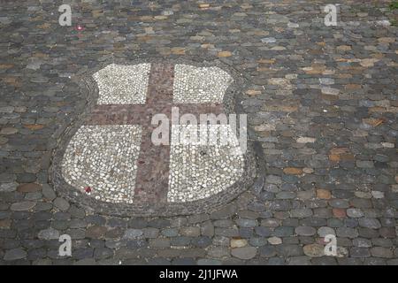City coat of arms as a floor mosaic on the town hall square in Freiburg, Baden-Württemberg, Germany Stock Photo