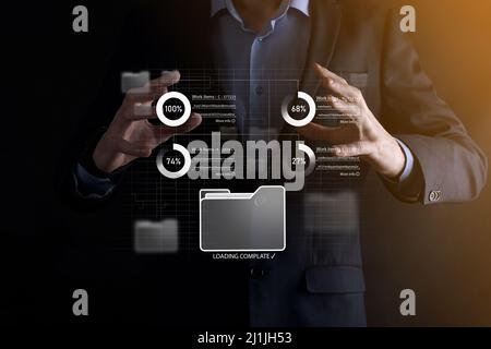 Business developer hand using board framework on virtual modern computer showing innovation Agile software development lean project management tool fa Stock Photo
