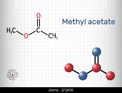 Methyl acetate, methyl ethanoate molecule. It is acetate ester, solvent. Structural chemical formula and molecule model. Sheet of paper in a cage. Vec Stock Vector