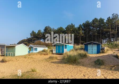 Beach Huts in Dunes at Old Hunstanton on a Sunny March Afternoon Stock Photo