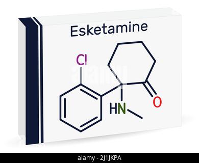 Esketamine molecule. It is the S-enantiomer of ketamine, with analgesic, anesthetic and antidepressant activities. Skeletal chemical formula. Paper pa Stock Vector