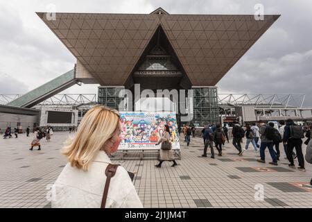 Tokyo, Japan. 26th Mar, 2022. A sign for Anime Japan 2022 outside Tokyo Big Sight, Odaiba. Tokyo Big Sight, Odaiba, billed as the largest Anime convention in the world this 4 day event runs from March 26th to March 29th (the last two days are on-line) and features hundreds of domestic and foreign anime-related companies showcasing fan favourites and latest releases alongside animation merchandise and cosplay performances. Credit: SOPA Images Limited/Alamy Live News Stock Photo