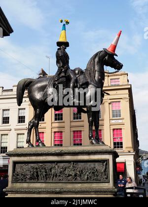 Duke of Wellington statue with Ukrane colors on traffic cone , at the Gallery of Modern Art, Glasgow,Scotland,UK, March 2022 Stock Photo
