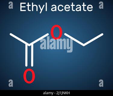 Ethyl acetate, ethyl ethanoate, C4H8O2 molecule. It is acetate ester formed between acetic acid and ethanol. Structural chemical formula on the dark b Stock Vector