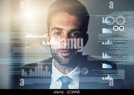 Immersed in the code. Cropped portrait of a handsome young businessman coding late in the office. Stock Photo