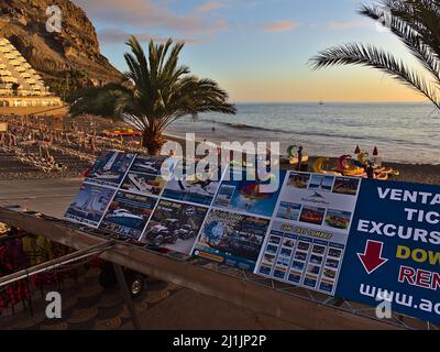 View of billboard at the beach of Taurito, Gran Canaria, Spain promoting tours for tourists in the afternoon sunlight with palm trees in background. Stock Photo