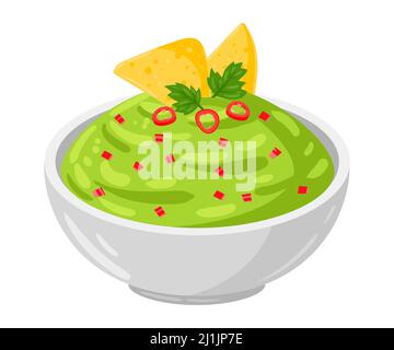 Cartoon Guacamole with vegetables, vector illustration, Mexican traditional food. Isolated on white background. Stock Vector