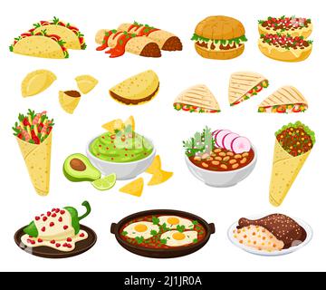 Set of national dishes of Mexico Collection Mexican meals Mollete, Pozole, Pambazo, Empanadas, Enchiladas, Huevos, Chiles en nogada, Mole Poblano, burrito, quesadilla, tacos, nachos, guacamole Vector Stock Vector