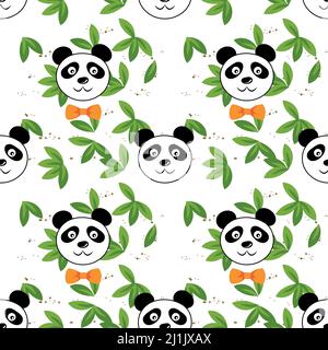 Seamless Cute panda face wearing bow tie with green bamboo leaves, pet animal in cartoon style. Funny baby kids print. Vector illustration isolated Stock Vector