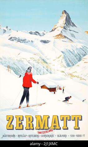 Vintage travel poster, Winter sport, ski - Artwork by Schol ZERMATT / Matterhorn Schweiz, Suisse, Switzerland, Swiss - 1947 Stock Photo