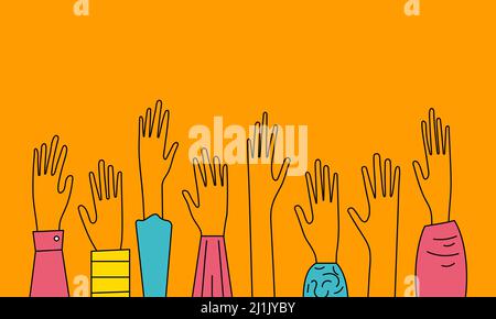 Hands raised up, crowd concept. Holiday, funny people. Hand drawn hands, vector sketch. Doodle illustration Stock Vector