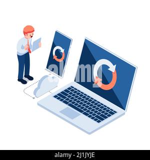 Flat 3d Isometric Businessman Synchronizing Laptop and Smartphone. Cross Platform Device Synchronization Concept. Stock Vector