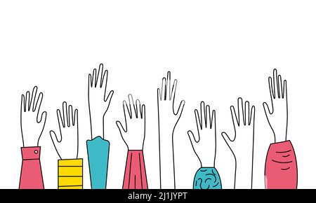 Hands raised up, crowd concept. Holiday, funny people. Hand drawn hands, vector sketch. Doodle illustration Stock Vector