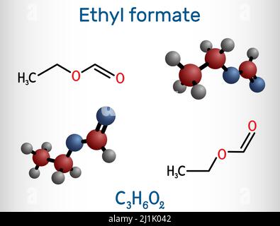 Ethyl formate, ethylformate, ethyl methanoate, formic ether molecule. It is formate ester derived from formic acid and ethanol. Structural chemical fo Stock Vector