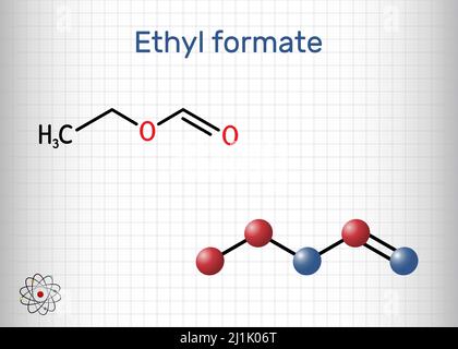 Ethyl formate, ethylformate, ethyl methanoate, formic ether molecule. It is formate ester derived from formic acid and ethanol.. Structural chemical f Stock Vector