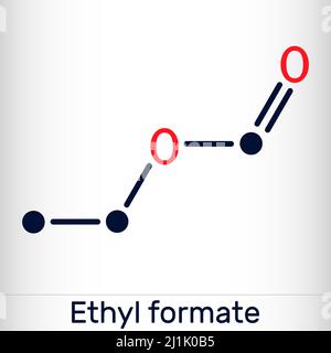Ethyl formate, ethylformate, ethyl methanoate, formic ether molecule. It is formate ester derived from formic acid and ethanol. Skeletal chemical form Stock Vector