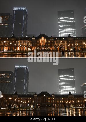 Tokyo, Japan. 26th Mar, 2022. Combo photo shows the Tokyo Station before (top) and during the Earth Hour in Tokyo, Japan, March 26, 2022. Credit: Sun Jialin/Xinhua/Alamy Live News Stock Photo
