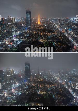 Tokyo, Japan. 26th Mar, 2022. Combo photo shows the Tokyo Tower before (top) and during the Earth Hour in Tokyo, Japan, March 26, 2022. Credit: Zhang Xiaoyu/Xinhua/Alamy Live News Stock Photo
