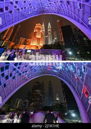 Kuala Lumpur. 26th Mar, 2022. Combo photo shows the Petronas Twin Towers and its nearby buildings before (top) and during Earth Hour in Kuala Lumpur, Malaysia on March 26, 2022. Credit: Chong Voon Chung/Xinhua/Alamy Live News Stock Photo