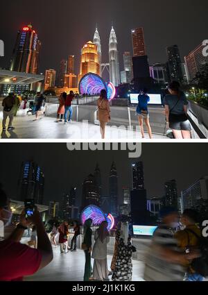 Kuala Lumpur. 26th Mar, 2022. Combo photo shows the Petronas Twin Towers and its nearby buildings before (top) and during Earth Hour in Kuala Lumpur, Malaysia on March 26, 2022. Credit: Chong Voon Chung/Xinhua/Alamy Live News Stock Photo