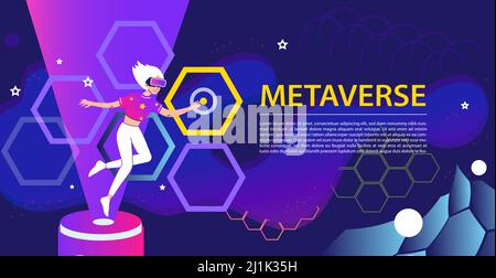 Metaverse Digital Virtual Reality Technology concept banner. Woman with glasses and a headset VR connected to the virtual space of metaverse. Female t Stock Vector