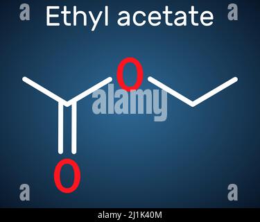 Ethyl acetate, ethyl ethanoate, C4H8O2 molecule. It is acetate ester formed between acetic acid and ethanol. Structural chemical formula on the dark b Stock Vector