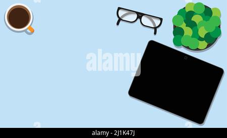 Table top view with tablet computer and coffee cup, green plant and glasses. Workspace or workplace top view. vector illustration Stock Vector
