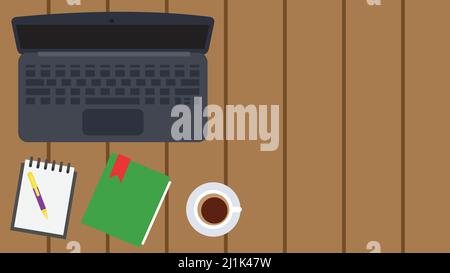 Office desk table with laptop, notebook, pen and coffee cup. Workspace top view with copy space. vector illustration Stock Vector