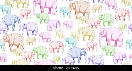 Cute herd colorful elephants. Seamless pattern of adult and child elephants on white. Hand drawn vector illustration for prints, of clothes, baby text Stock Vector