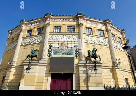 View of Cirque d'Hiver -Winter Circus in Paris, France. Theatre was designed by architect Jacques Ignace Hittorff and was opened by Emperor Napoleon I Stock Photo