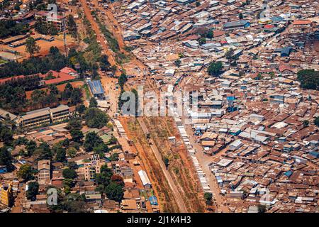 Aerial view of corrugated iron huts at the Nairobi downtown Kibera slum neighborhood, Nairobi, Kenya, East Africa, one of the largest slums in Africa Stock Photo