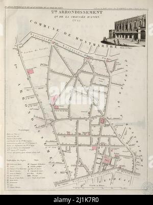 Vintage map of Parisian quarters from 19th century. Petit atlas is 