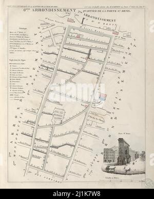 Vintage map of Parisian quarters from 19th century. Petit atlas is beautifully colored and illustrated showing the Paris at the time. Stock Photo