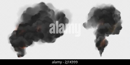 Black smoke or steam trails set, factory or plant industrial smog clouds isolated on transparent background, environmental air Co2 gas pollution, emis Stock Vector